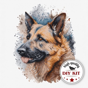 German Shepherd Cross Stitch Kit with Hoops, Shepherd Dog Embroidery Design, Dog Portrait Embroidery Chart, Gift for Dog Lovers