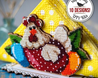 DIY Easter Chickens Napkin Holder, Easter Bead Embroidery Kit, Bead Stitching Design, DIY Easter Table Decor, Easter Gift for Mother