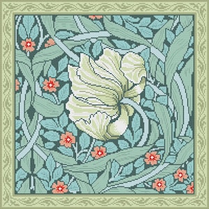 May include: A cross-stitch pattern featuring a large white flower with green leaves and stems. The background is a dark green with smaller pink flowers.