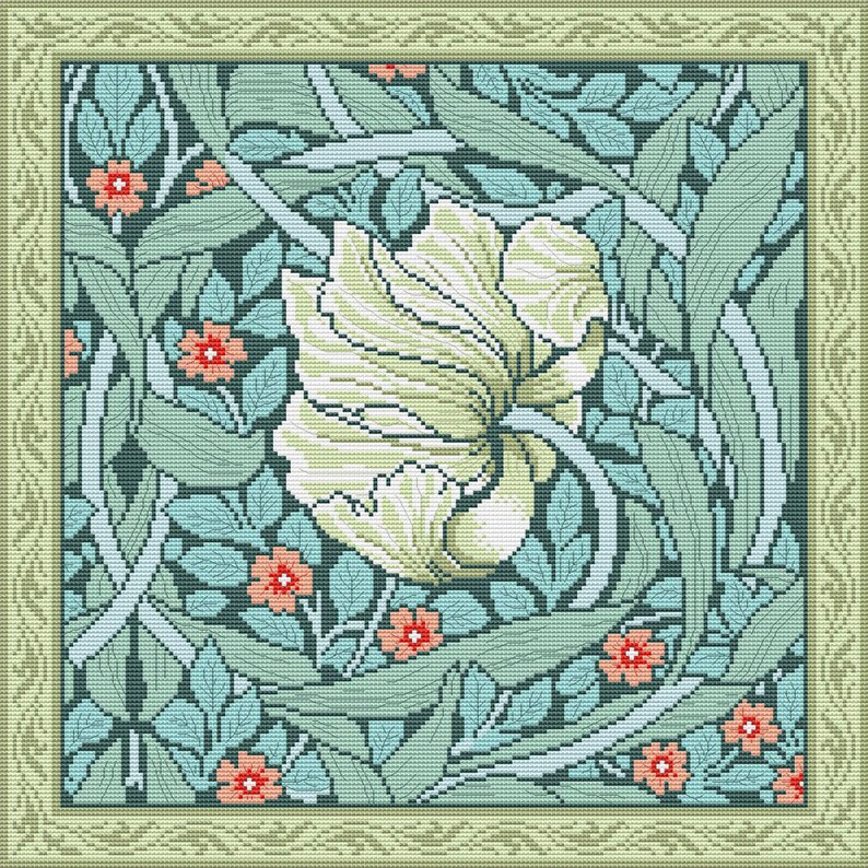 May include: A cross-stitch pattern featuring a large white flower with green leaves and stems. The background is a dark green with smaller pink flowers.