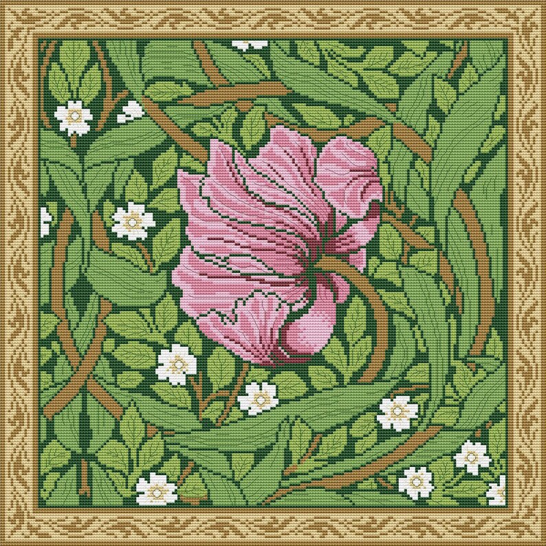 May include: A cross-stitch pattern featuring a pink flower with white flowers and green leaves in a brown frame.