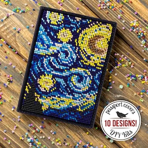 DIY Faux Leather Passport Cover Bead Making Kit, Van Gogh Bead Borduurset, Sterrennacht Seed Bead Kit, Mom Gift, Valentijnsdag Cadeau