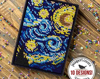 DIY Faux Leather Passport Cover Bead Making Kit, Van Gogh Bead Embroidery Kit, Starry Night Seed Bead Kit, Mom Gift, Valentine's Day Gift