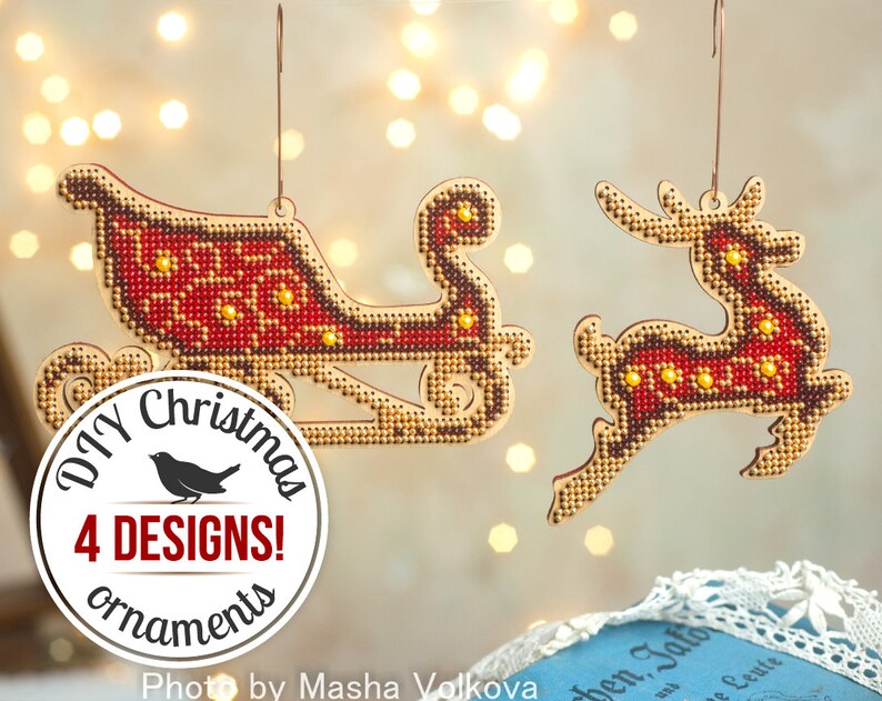 Bead embroidery DIY kit, rocking horse hanging ornament, bead stitch on wood pattern, Xmas tree decoration, unique nursery toy horse image 1