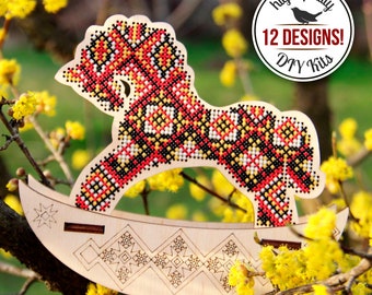 DIY Easter Ornaments Stitching Kit, Wooden Rocking Horse in Ukrainian Style, Ukrainian Home Decor, Easter Gift for Mother