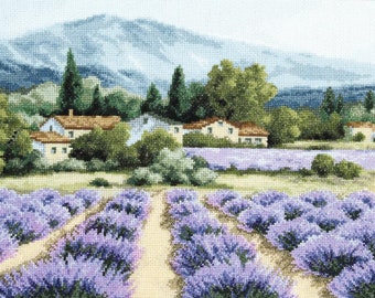 Lavender fields cross stitch DIY kit, embroidery picture, needlework home decor, embroidered landscape