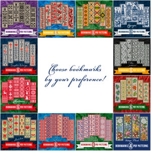 May include: A collage of 12 different bookmark designs, each with a unique pattern. The designs include floral, geometric, Celtic, and Christmas themes. The text "Choose bookmarks by your preference!" is in the center of the collage.
