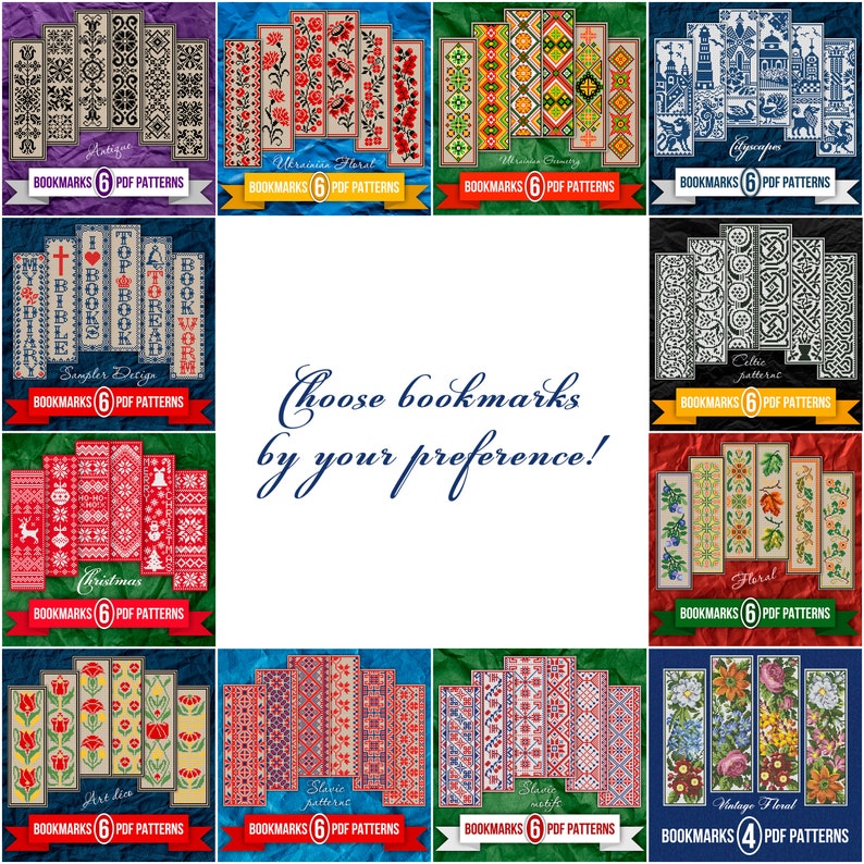 May include: A collage of 12 different bookmark designs, each with a unique pattern. The designs include floral, geometric, Celtic, and Christmas themes. The text "Choose bookmarks by your preference!" is in the center of the collage.
