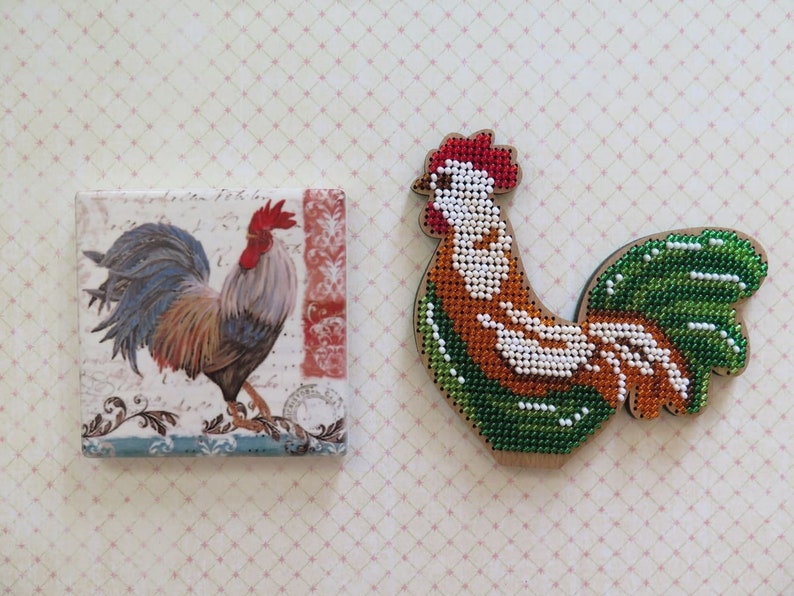DIY eco-friendly embroidery on wood, laser cut blank rooster, kids craft pattern kit, bead stitch bird decor image 6