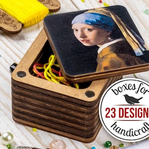 Wood craft box with print lid, Girl with a Pearl Earring, cross stitch supply keepsake, embroidery storage tool, needlework sewing basket