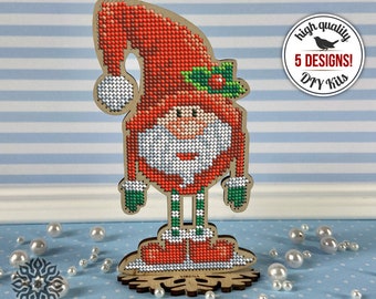 Xmas gnome embroidery kit, dwarf embroidered ornament, DIY winter home decor, embroidery on wood, beadwork kit