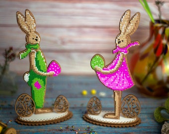 DIY beaded Easter ornaments, Wooden Easter bunny figurines, Bead embroidery on wood kit, Easter table decor