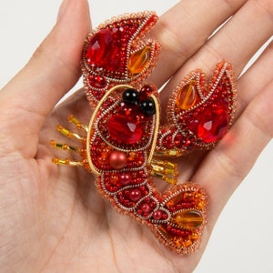 Lobster beadwork brooch making set, bead embroidery DIY kit, beaded jewelry, hand embroidered orange lobster pin
