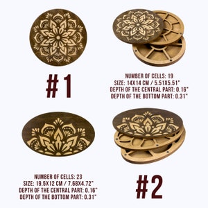 May include: Two wooden round boxes with intricate mandala designs. The boxes are open to reveal compartments for storing small items. The boxes are labeled #1 and #2. The boxes are 14x14 cm / 5.51x5.51 inches and 19.5x12 cm / 7.68x4.72 inches.