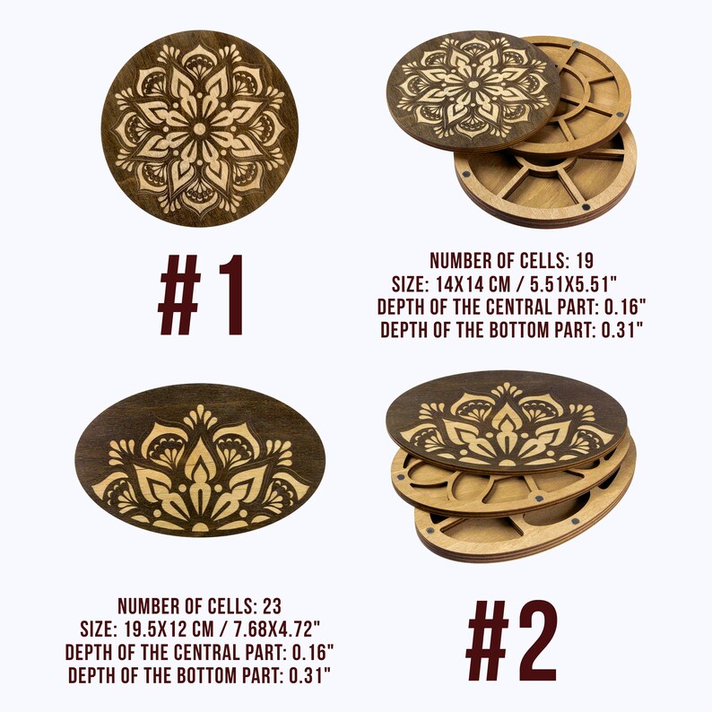 May include: Two wooden round boxes with intricate mandala designs. The boxes are open to reveal compartments for storing small items. The boxes are labeled #1 and #2. The boxes are 14x14 cm / 5.51x5.51 inches and 19.5x12 cm / 7.68x4.72 inches.