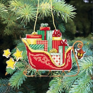 Xmas tree ornaments DIY, cross-stitch set of 7 kits, Christmas embroidery on plastic blanks, handmade winter home decoration