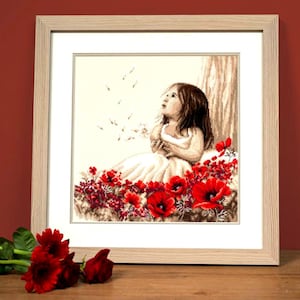DIY poppy embroidery pattern, Cross stitch kit &#39;Girl in a poppy field&#39;, Hand embroidery flowers, Needlework set, PN-0184269