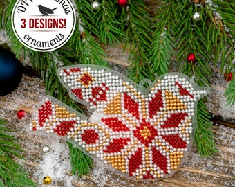 DIY Bird Xmas Ornament, Bead Embroidery Kit, Christmas Tree Decor, Plastic Canvas Kit, Winter Home Decor in Scandinavian Style, DIY Mom Gift