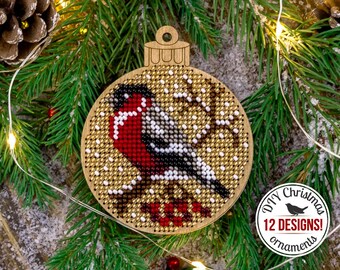 DIY Christmas ball ornament, bullfinch bead embroidery kit, rustic Xmas tree decoration, beading tutorial, bird pattern bauble, FLK-242