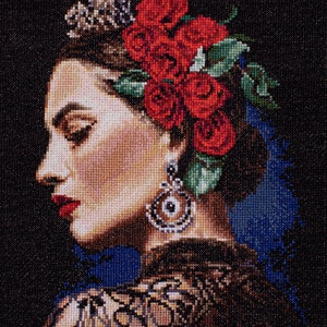 Beautiful cross-stitch kit featuring a passionate Spanish muse with flowers in her hair. Premium Quality Embroidery Set