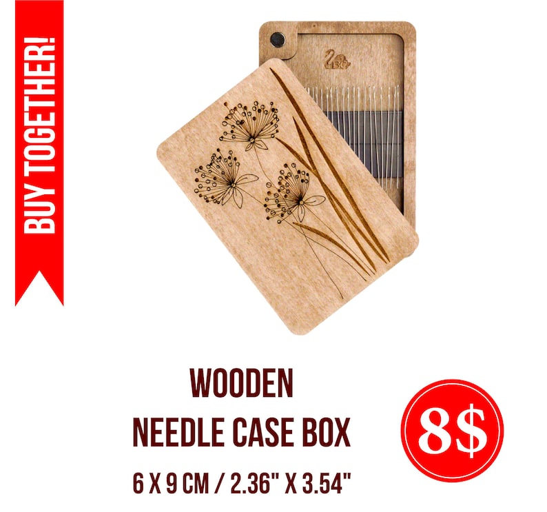 Puede incluir: Caja de madera para agujas con un dise&ntilde;o floral. La caja est&aacute; abierta y muestra una fila de agujas en el interior. La caja mide 6 x 9 cm o 2,36 x 3,54 pulgadas.