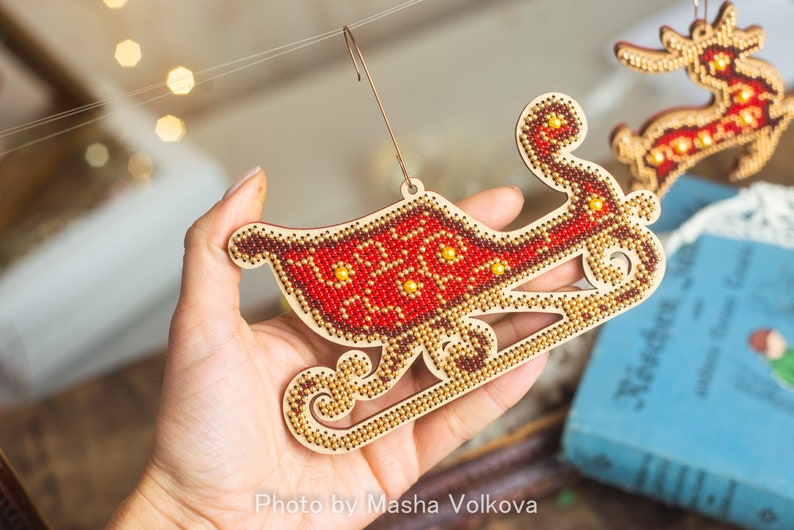 Bead embroidery DIY kit, rocking horse hanging ornament, bead stitch on wood pattern, Xmas tree decoration, unique nursery toy horse image 8