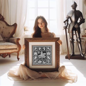May include: A framed black and white artwork with a gold ornate frame. The artwork features heraldic designs and a central image of a knight on horseback. A suit of armour and a decorative chair are in the background.