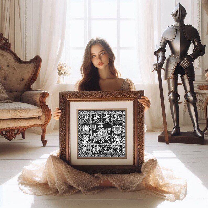 May include: A framed black and white artwork with a gold ornate frame. The artwork features heraldic designs and a central image of a knight on horseback. A suit of armour and a decorative chair are in the background.