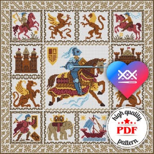 PDF Medieval Embroidery Pattern, Knight Cross Stitch Design, Vintage Home Decor, Cross Stitch Gift for Father