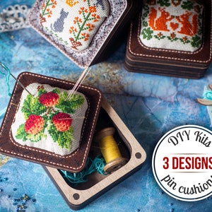 DIY Travel needle case. Hand embroidery kit for making box for handicraft with pin cushion