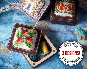 DIY Travel needle case. Hand embroidery kit for making box for handicraft with pin cushion