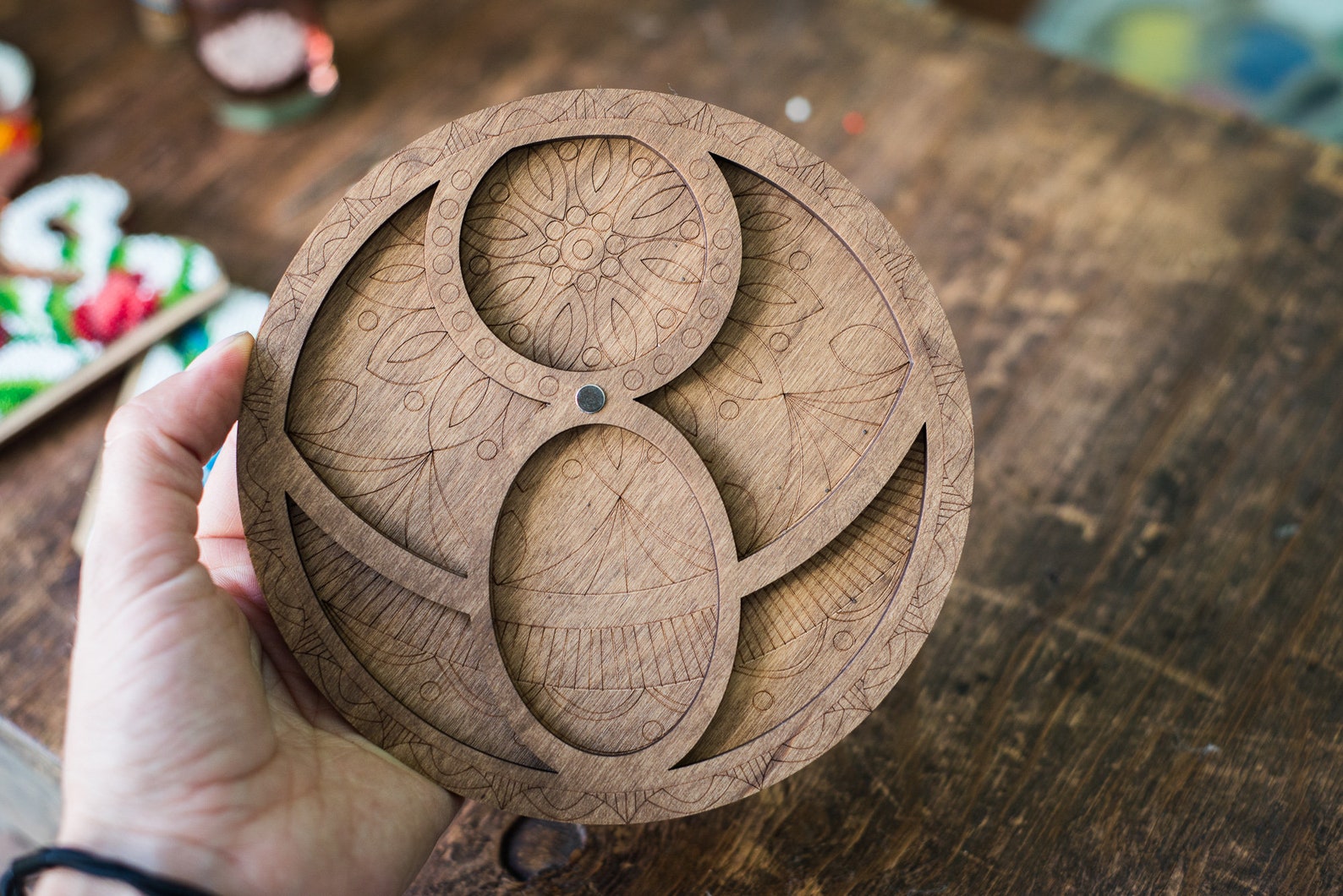 Round wood tray for beads with needle and mandala Etsy