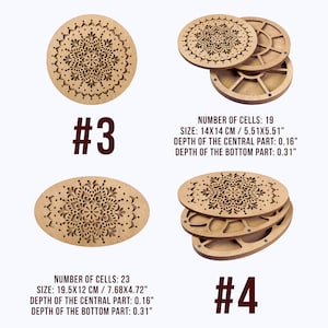 May include: Two wooden boxes with intricate laser-cut designs. The top box is round and has 19 cells. The bottom box is oval and has 23 cells. Both boxes are made of light brown wood. The text "#3" and "#4" is printed on the image.