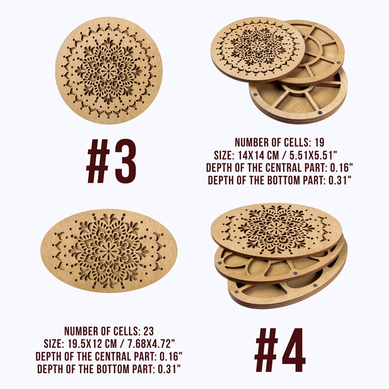 May include: Two wooden boxes with intricate laser-cut designs. The top box is round and has 19 cells. The bottom box is oval and has 23 cells. Both boxes are made of light brown wood. The text "#3" and "#4" is printed on the image.
