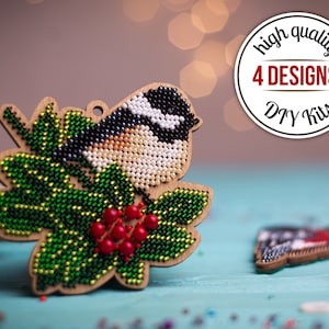 DIY bird Christmas ornament, Bead embroidery on wood kit, Embroidered ornament making kit, Xmas crafts, Hand embroidery kit