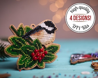 DIY bird Christmas ornament, Bead embroidery on wood kit, Embroidered ornament making kit, Xmas crafts, Hand embroidery kit