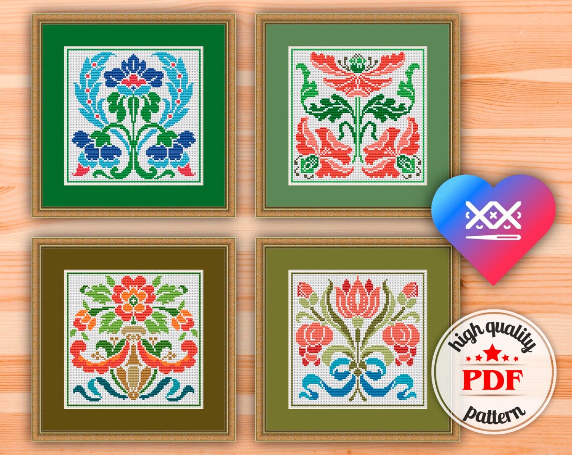 Art Nouveau Embroidery Patterns 4 Cross Stitch Designs Etsy