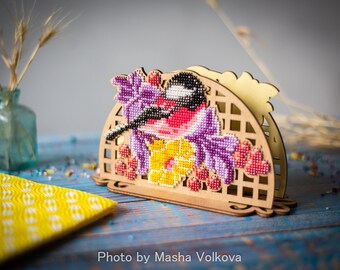 DIY napkin holder, bead embroidery kit, bullfinch beadwork table decor, beaded bird decoration, wooden napkin tray