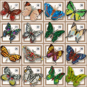 May include: A collection of 16 beaded butterfly designs, each framed in a gold-colored frame. The butterflies are all different colors and patterns, including blue, green, red, orange, yellow, and black.