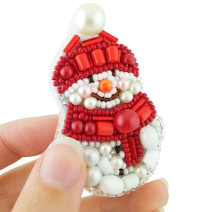 Snowman brooch DIY kit, embroidery beading ornament, winter holidays needlework pin, red white craft kit for adults