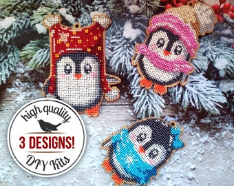 Penguin ornament needlework kit, beaded ornament craft kit for adults, Xmas tree handmade ornament, cute animal wooden ornament, FLK-234