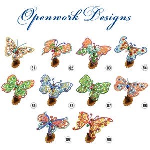 May include: Nine colorful butterfly figurines with intricate designs and jeweled accents. Each butterfly is mounted on a wooden base and numbered 81 through 90.