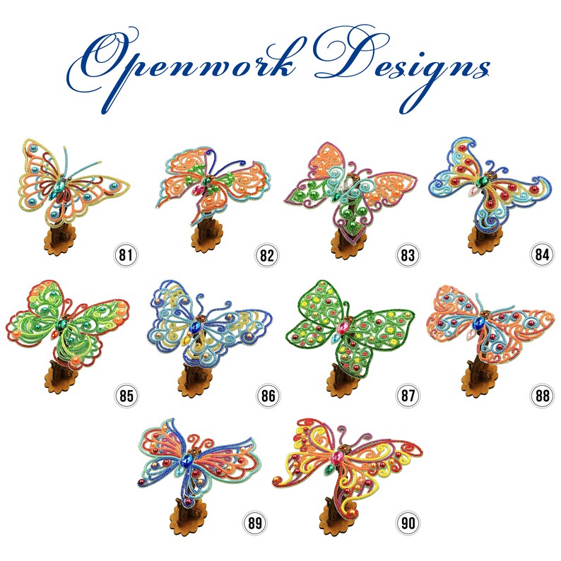 May include: Nine colorful butterfly figurines with intricate designs and jeweled accents. Each butterfly is mounted on a wooden base and numbered 81 through 90.