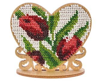 DIY beadwork set, bead embroidery heart shape ornament, tulip wedding table decor, blank wood cutout, beading stitch kit, stitching tutorial