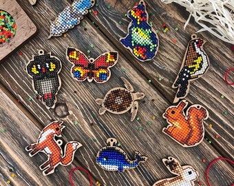 DIY bead kit, birds and animals beadwork, wood nautical canvas, plywood shapes and forms, laser cut blank decor, cross stitch craft supply