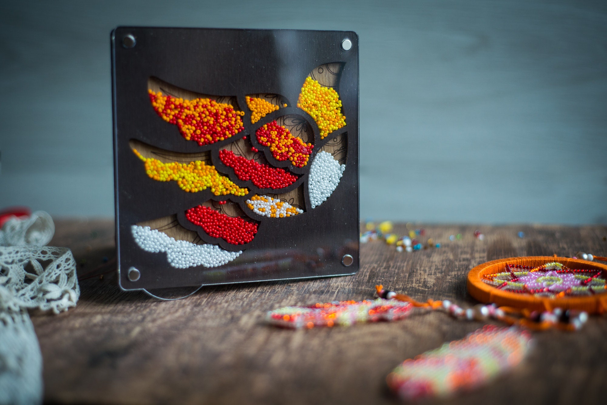 Wooden beading tray with lid and needle minder Seed bead Etsy