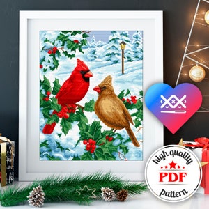 PDF Christmas Birds Cross Stitch Pattern, Red Cardinal Embroidery Chart, Winter Home Decor, Winter Landscape, Xmas Wall Art, Mother Gift
