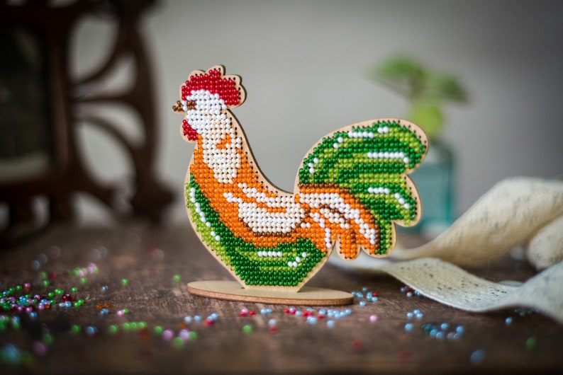 DIY eco-friendly embroidery on wood, laser cut blank rooster, kids craft pattern kit, bead stitch bird decor image 1