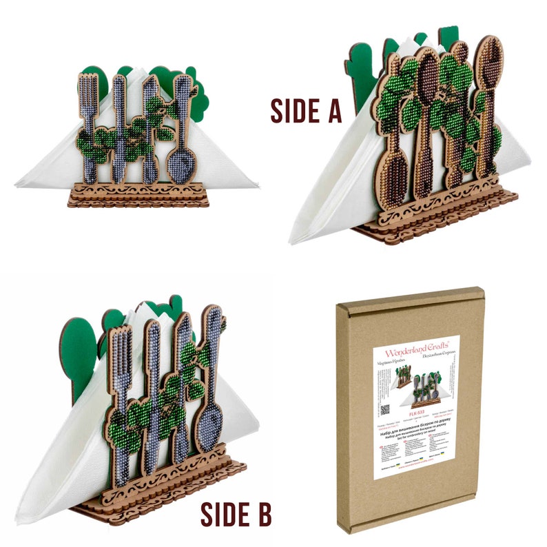 May include: A wooden napkin holder with a green and brown design featuring a variety of kitchen utensils. The holder is decorated with beads and has a cutout design around the edges. The holder is shown with a white napkin inside.