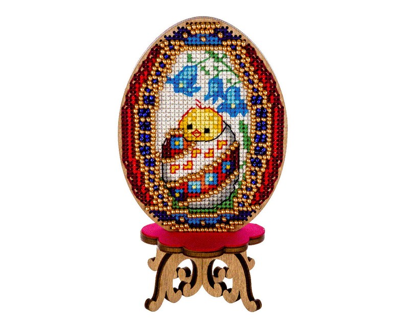 Beaded egg DIY kit festive table decor embroidered Easter ornament with cute chicken wooden blank cutout for beadwork